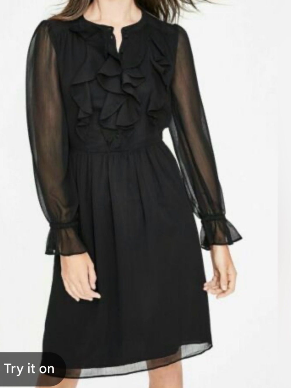 Boden Black Ruffle-Front Chiffon Long Sleeve Dress